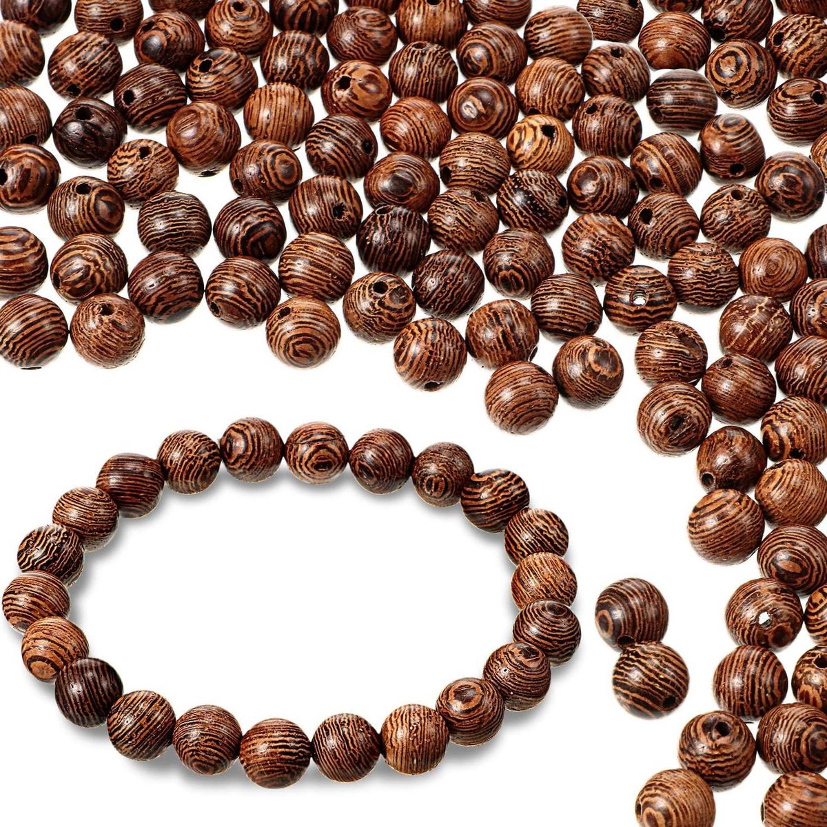 Allecta Houten Kralen Set - 500 stuks, Donkerbruin, Gesorteerd, Ambachtelijke DIY Armbanden en Sieraden - Natuurlijk Hout, 8 mm
