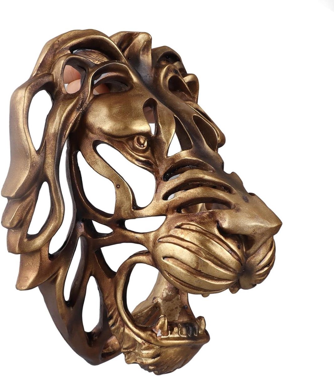 Allecta - Gouden leeuwenkop muursculptuur voor woonkamer decoratie - 3D hars sculptuur met 40 cm afmeting