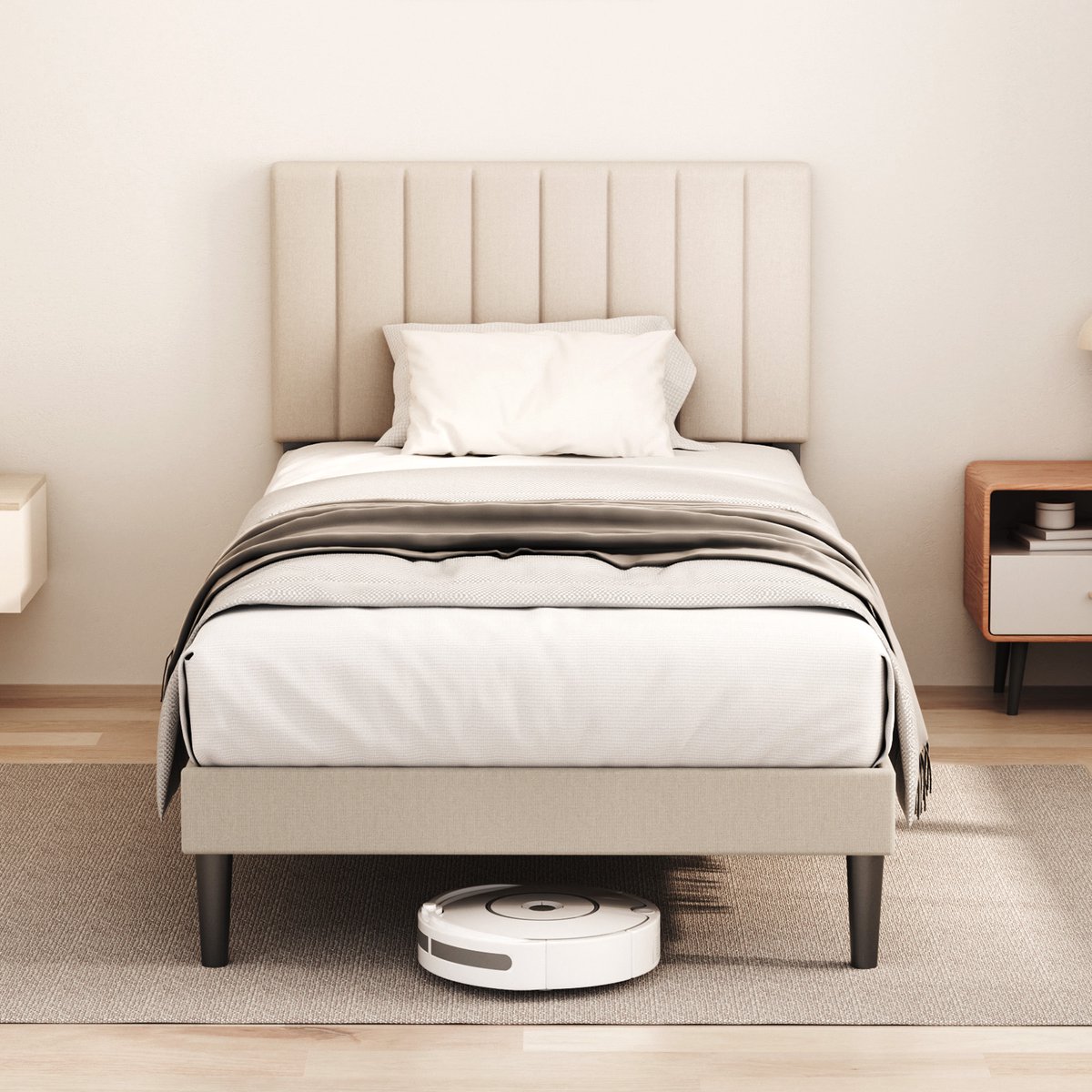 KUTAS 1 Persoons Bed 90 x 200 cm - Gestoffeerd Bedframe - Metalen Frame - Eenpersoonsbed met Lattenbodem - Verstelbaar Hoofdbord - Stil & Antislip - Opbergruimte - Vlekbestendige Stof - 300 kg Draagvermogen - Beige