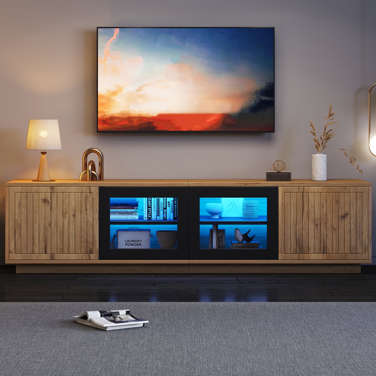 Sweiko TV-kast - LED-verlichting - 2 glazen deuren - Natuurlijke + Zwart