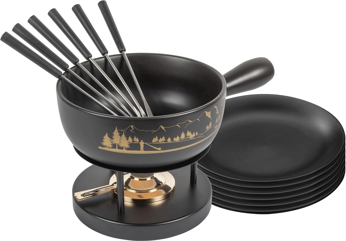Kaasfondue Set voor 4-6 Personen - Traditionele Caquelon van Klei met Rechaud en Vorken
