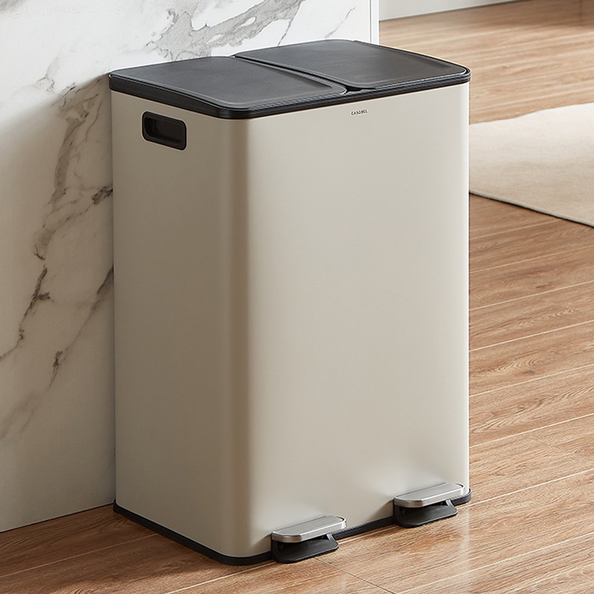 CASABEL 60L Recyclingbak, 2x30L Roestvrij Staal Grijs, Dubbele Vakken, Pedaal, Uitneembare Bakken, Geluidsarme Deksel