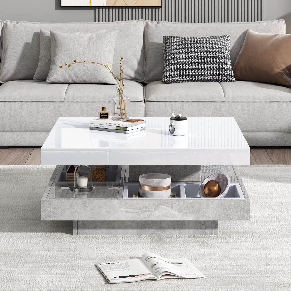 Hoogglans salontafel 70x70x36 cm - woonkamer tafel - 360° draaibaar - dubbele draaibare tafelblad met opbergruimte - wit en marmerdeeltjes plaat