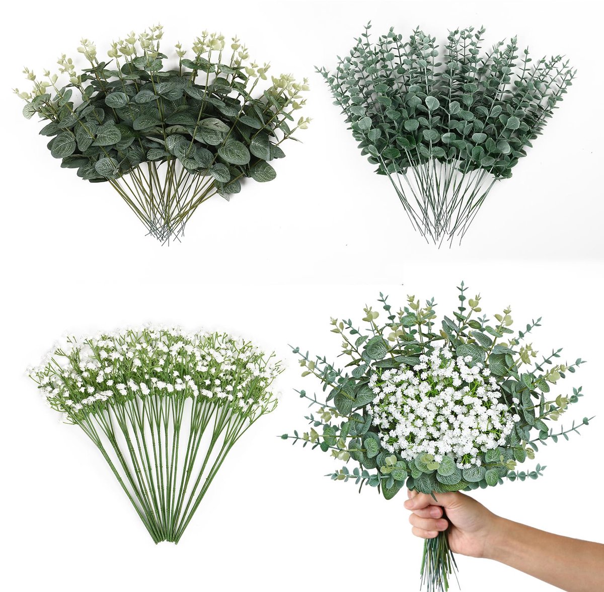 Unyqoos Set van 100 Kunstbloemen met Eucalyptus en Gypsophila voor Decoratie en Bruiloften Groen en wit