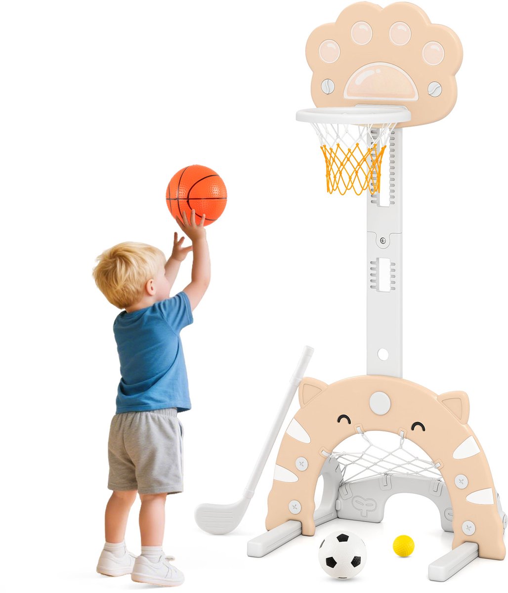 COSTWAY 3-in-1 basketbalkorf voor kinderen, basketbalstandaard met basketbal, voetbal en golfspel, binnen en buiten, basketbalspel met verstelbare hoogte en opvouwbare mand, voor kinderen vanaf 3 jaar