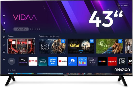 MEDION 108 cm (43″) Ultra HD TV (Smart-TV, 4K, HDR10, VIDAA Store, Prime Video, Disney+, DAZN, Paramount+, HbbTV, PVR, Bluetooth, MD 843301)