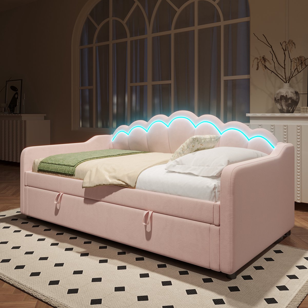 REDOM bedframe 90x200 cm – Fluweel roze – Golvend hoofdeinde, hydraulische opbergruimte, LED