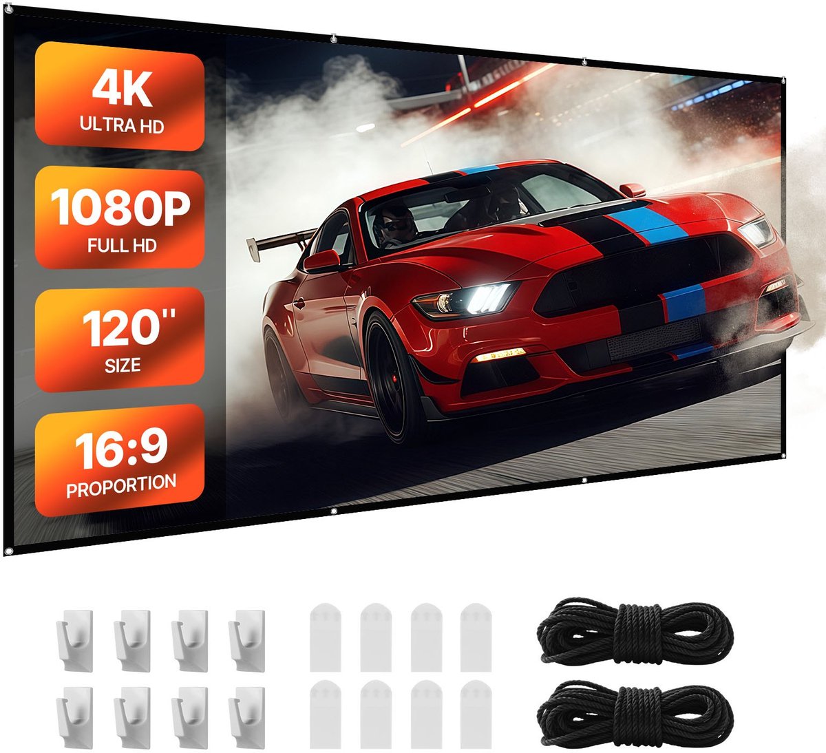 Projectiescherm - Projectiedoek Voor Wandmontage - Diagonaal 305 cm (16:9) - Compatibel Met 4K/Full HD - Inclusief 8 Haken - Dubbelzijdige Tape - Thuisbioscoop