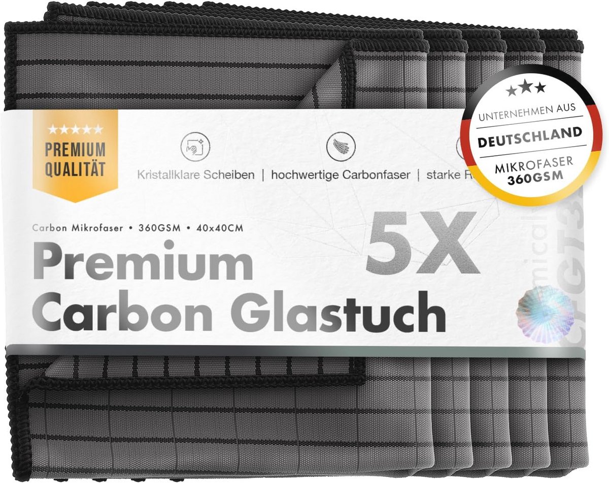Premium carbon microvezeldoeken set van 5 voor heldere autoruiten zonder strepen