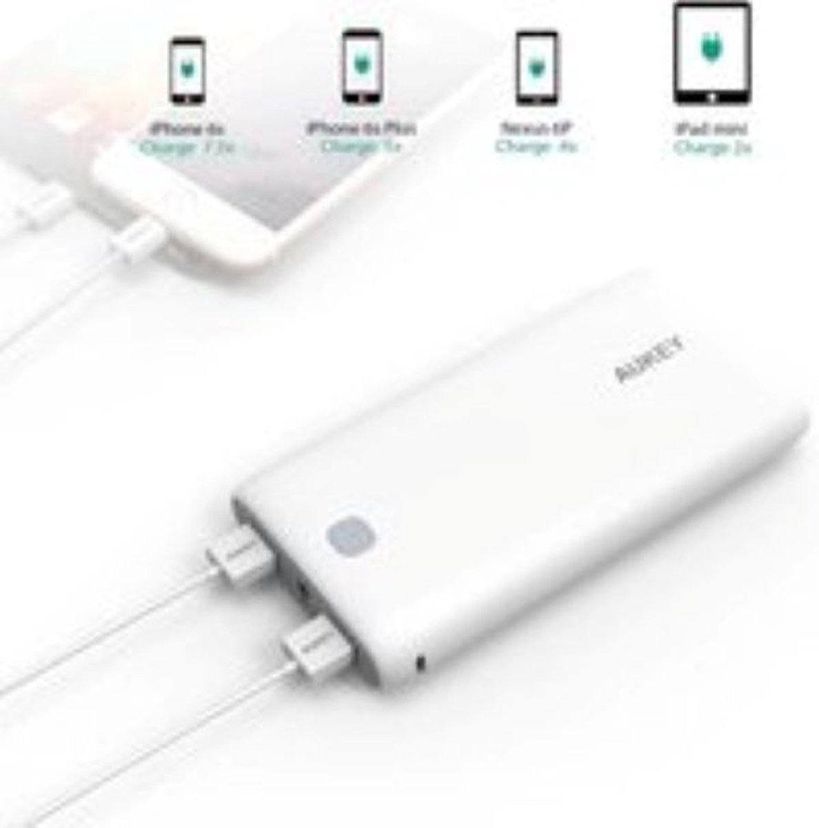 AUKEY Powerbank 20000 mAh - Draagbare Oplader met 2 USB Poorten, AiPower Technologie, Geïntegreerde Zaklamp, LED Batterij Indicator – Wit – foto 4