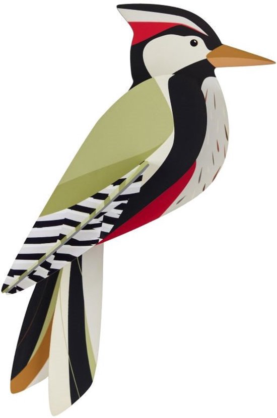 Pic-vert en papier avec des motifs verts, rouges, noirs et blancs.