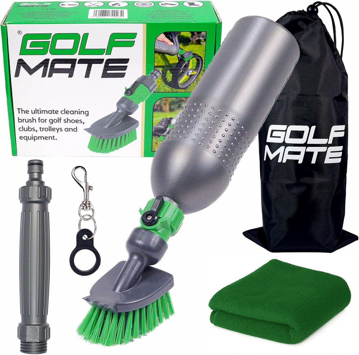 Ultieme reinigingsset voor golfschoenen, clubs en outdoor-uitrusting - eenvoudig te gebruiken met tuinslangaansluiting - Heavy-Duty 500ml fles en waterdichte tas