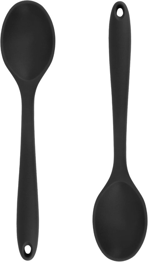 Cuillères - Cuillères de cuisine - Cuillères en silicone - Cuillères à remuer - Cuillères à sauce - Cuillères à servir - Ustensiles de cuisine - Ensemble de 2 cuillères à remuer en silicone pour cuire, cuire au four, remuer et servir (noir)