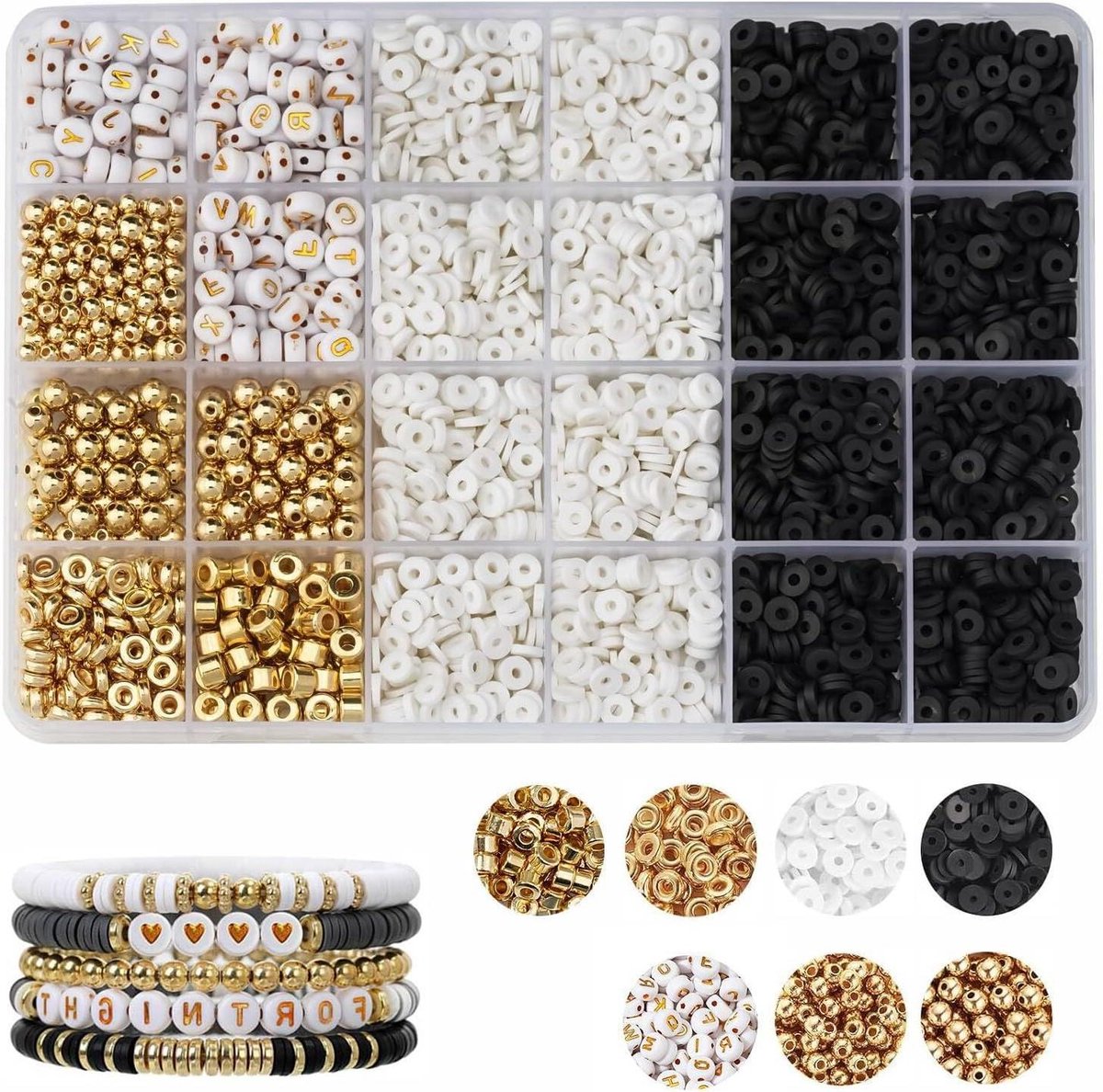 Allecta - Heishi-kralen set voor sieraden maken met alfabet- en letterkralen (Zwart-Wit)