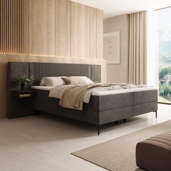 Meubella - Boyd - Boxspring met LED - Velvet zwart - 180x200 cm