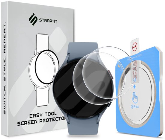 Strap-it "Easy Tool" screenprotector verpakking, tool en blauwgrijze smartwatch.
