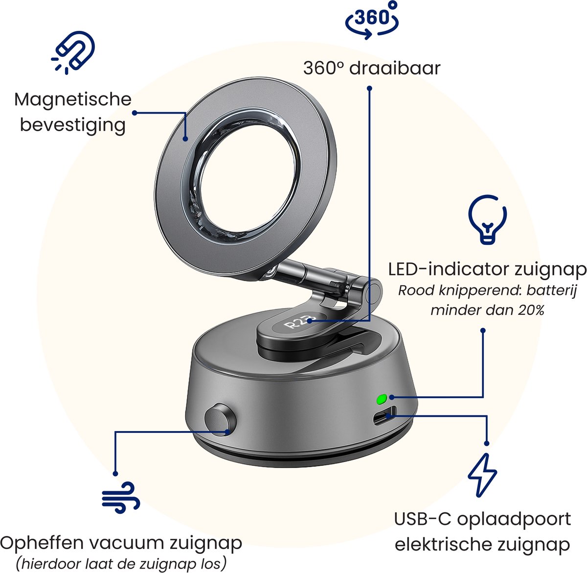 R2B Telefoonhouders Auto met Elektrische Vacuüm Zuignap - Magnetisch & Opvouwbaar - Raam/Dashboard - Dashboardpad - GSM Houder Auto - Autohouder - Geschikt voor MagSafe - Mobiel Telefoon Houder - Auto Telefoonhouder - Phone Holder Car – foto 5