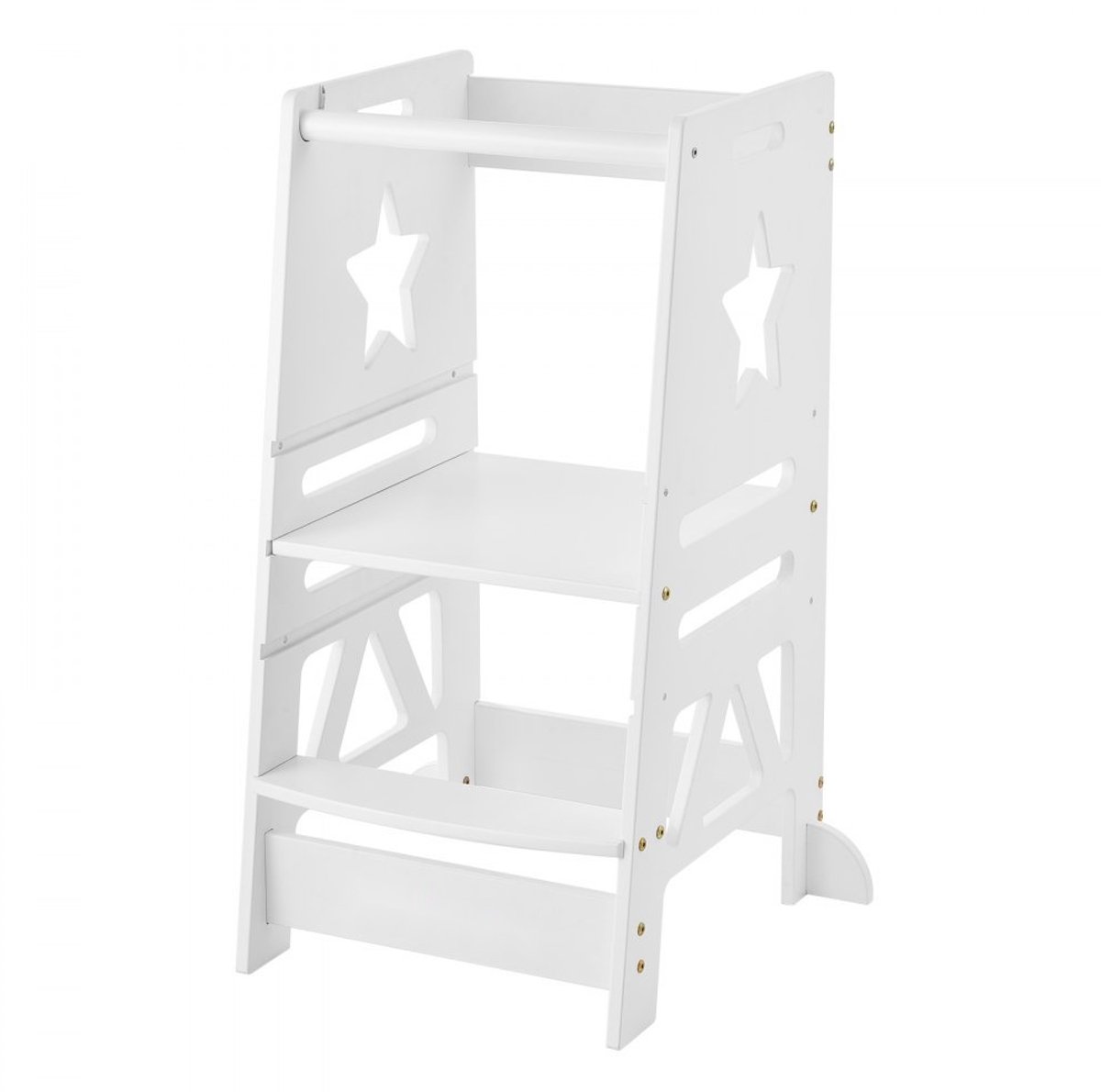 Leertoren voor Kinderen - Opstapkruk/Keukenhulpje - Hoogte Verstelbaar 32,8–52 cm - Draagvermogen 158,9 kg - Afmeting 84,4 x 55,3 x 48,2 cm - Materiaal Grenenhout & Bamboe - Wit