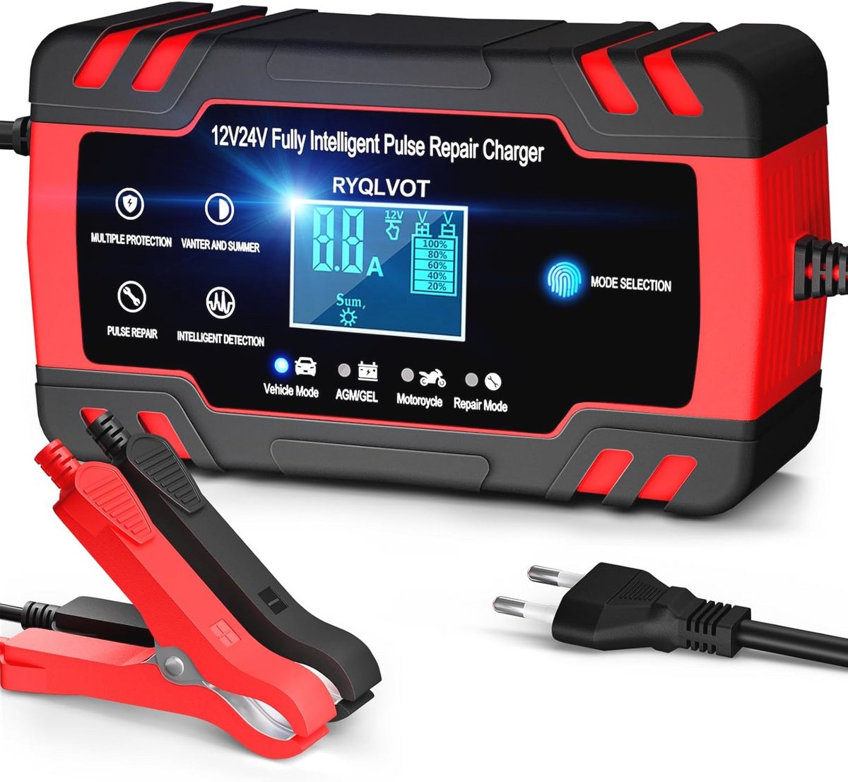 Intelligente Acculader met LCD-Display 12V/24V 8A - Temperatuurdetectie en Reparatiefunctie