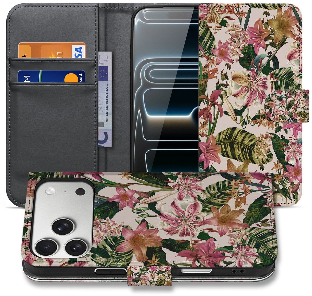 Bookcase iPhone 17 Pro Max Paars Wit Bloemen Met Pasjesvak