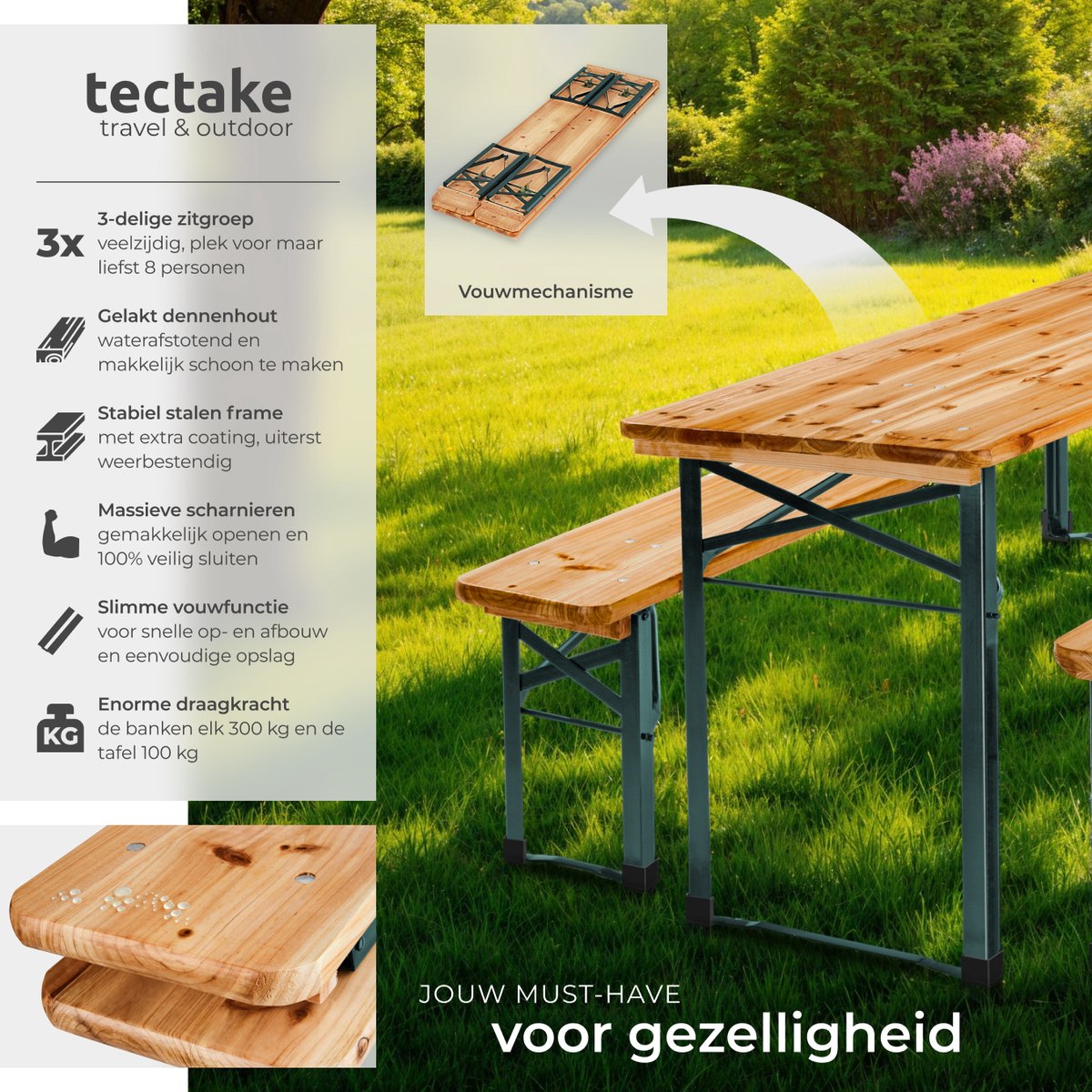 tectake® Biertafel met 2 Banken - 8 personen - 170 cm lang - 3-delige Biertafelset met inklapbare Tafel en Bierbanken - Tuintafel - Bierbank Oktoberfest - Picknicktafel thumbnail 2