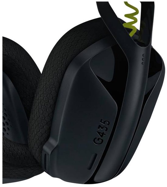 Casque de jeu noir avec inscription 'G435' et accents jaunes sur le bandeau.