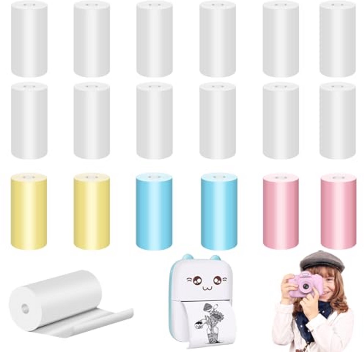 20 rollen thermisch papier voor instant fotocamera's en mini-printers - 14 witte en 6 kleurrijke rollen (57 x 25 mm)