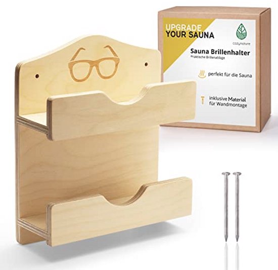 Houten brillenhouder voor in de sauna, met bril-icoon, montagemateriaal en verpakking.