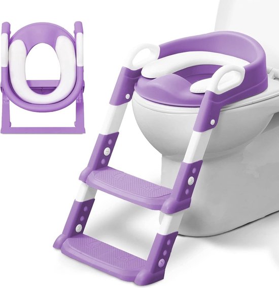 Paarse toilettrainer met witte zitting en verstelbare trapleuningen, staand naast een toilet.