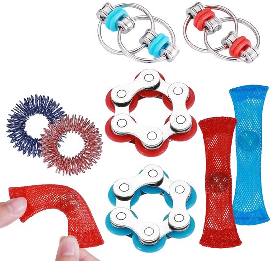 Collection de jouets fidget en rouge, bleu et argent : anneaux, chaînes à maillons, tubes en filet et anneaux en spirale.