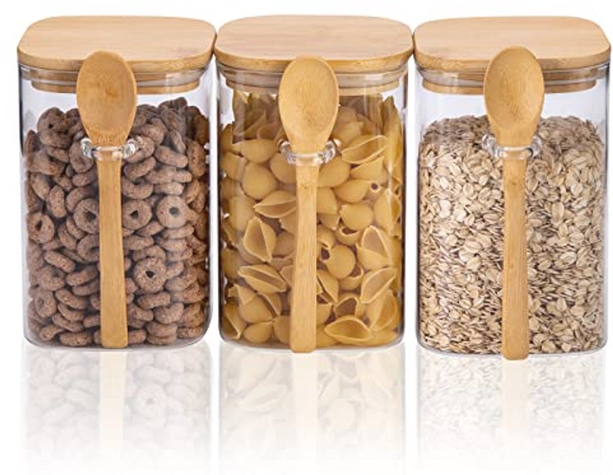 Luchtdichte glazen bewaarpotten met bamboedeksel en lepel - 1200 ml, 3 stuks
