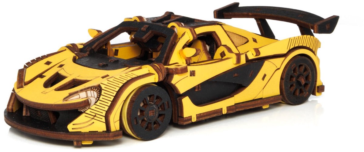 Eco Wood Art Modelbouwpakket Racing Car Geel - 3D Puzzel - Miniatuur Bouwpakket Volwassenen - DIY - Knutselen - Hout