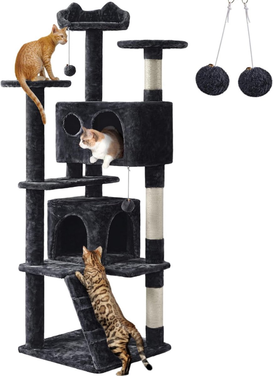 Yaheetech Krabpaal voor Katten – Stevige Krabboom met Platforms, Huisjes en Sisal Krabpalen – Luxe Krabmeubel voor Binnenkatten