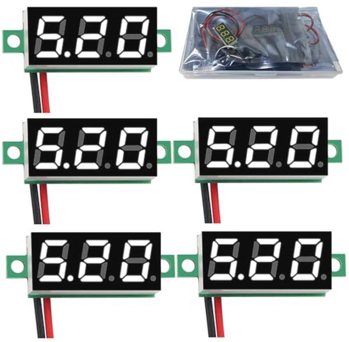Mini Digitale Voltmeter 0.28 Inch - 5 Stuks, Voor DC Spanning 2.4V-30V, Nauwkeurige Drukmeting