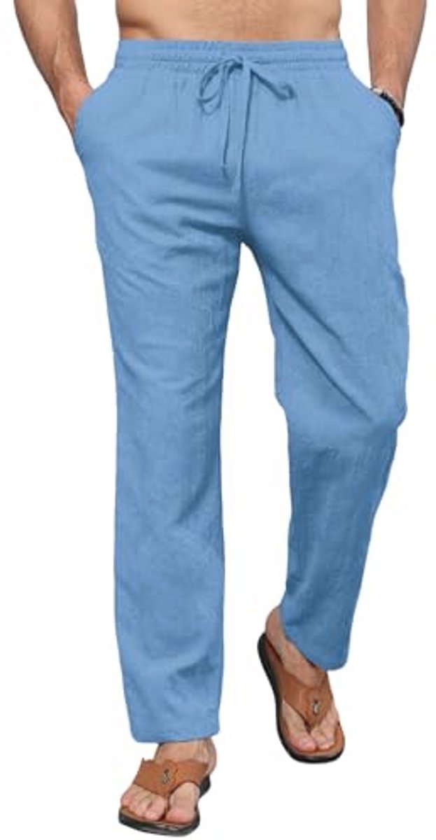 EDITCOZY Linnen strandbroek voor heren, losse pasvorm, katoenen broek, casual zomerbroek met trekkoord