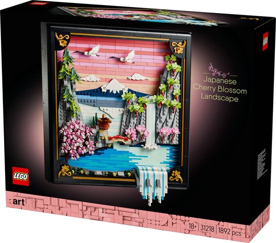 LEGO Art Japanse Kersenbloesem Landschap muurdecoratie met waterval, berg, kersenbloesems en kraanvogels.