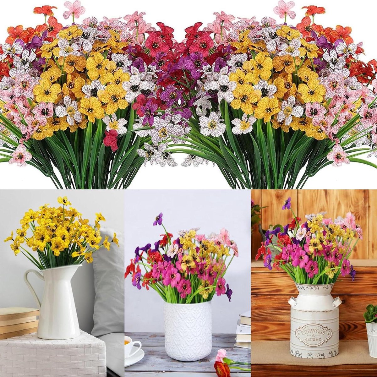 Cosensi Kunstbloemen voor balkon, plastic boeket, 14 stuks - bloemenstruiken voor buiten, thuis, kantoor - 7 kleuren - kunstplanten voor raam, bruiloft, feest Any