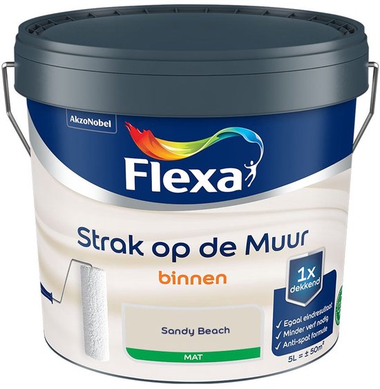 Flexa - Strak op de Muur Binnen Muurverf Mat - Sandy Beach - Mengverf - 5 Liter - 50m2 - Voor binnen - Beige - Egaal eindresultaat - Minder verf nodig - Anti-spat formule1x dekkend - Biobased (hernieuwbare) ingrediënten