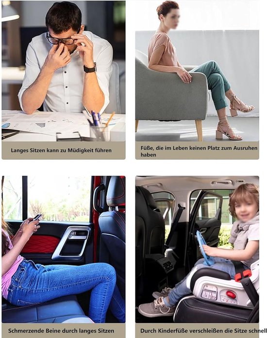 Collage van afbeeldingen die ongemak door lang zitten tonen in kantoor, zithoek en auto.