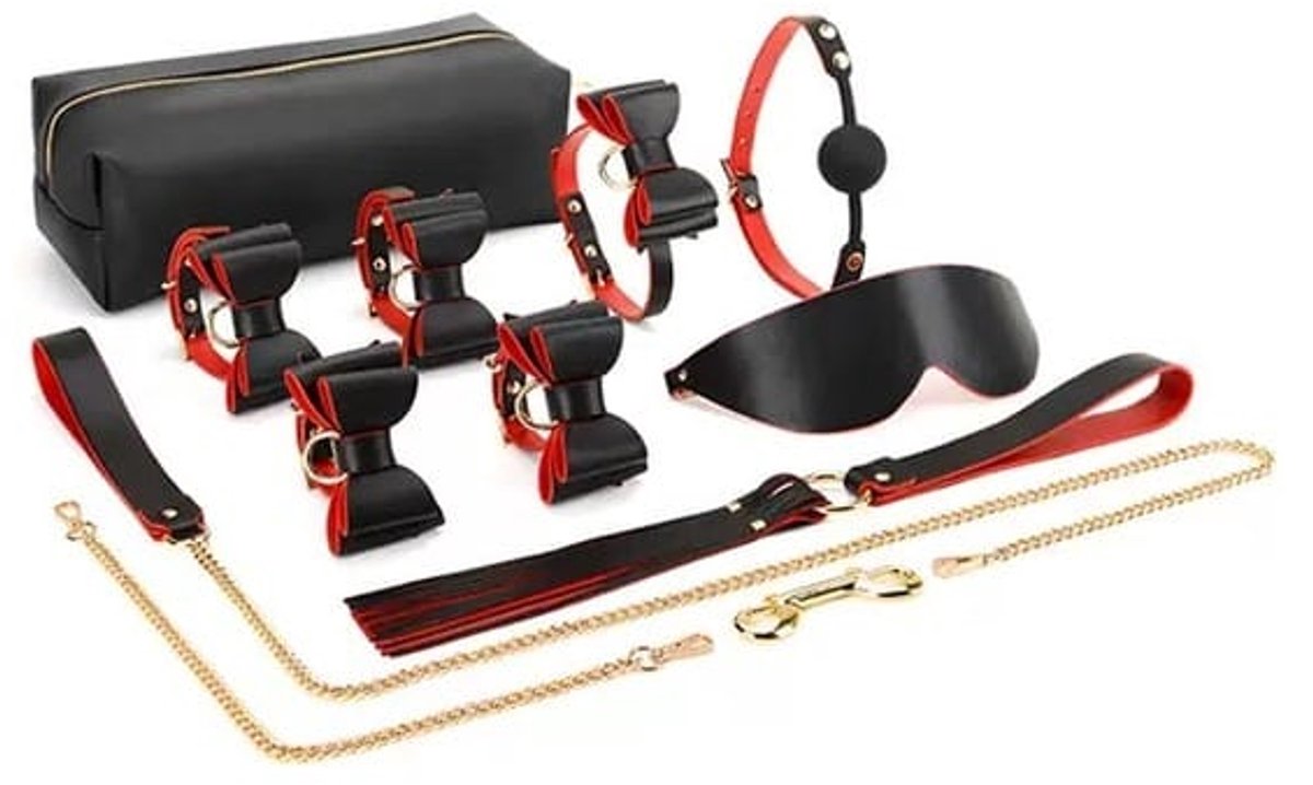 BDSM Luxe Etui - Luxe Leren Reistas - 8-delige set - kinky - rood/zwart bdsm - Handboeien - Enkelboeien - ball gag - zweep - Blinddoek