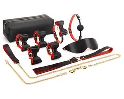 BDSM Luxe Etui - Luxe Leren Reistas - 8-delige set - kinky - rood/zwart bdsm - Handboeien - Enkelboeien - ball gag - zweep - Blinddoek