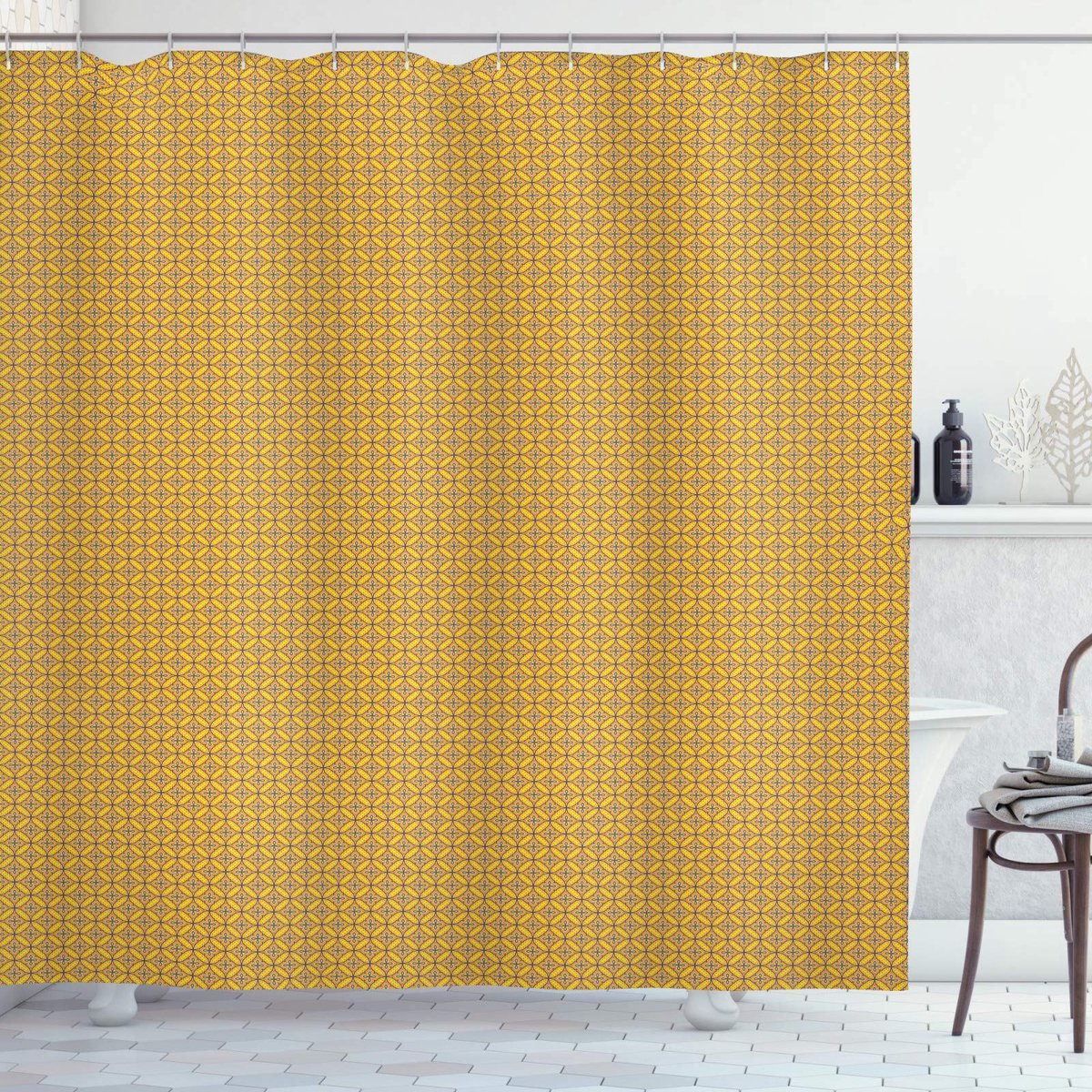 ABAKUHAUS – Oriëntaals douchegordijn – Geometrisch motief – 175×200 cm – Mosterd/Violet