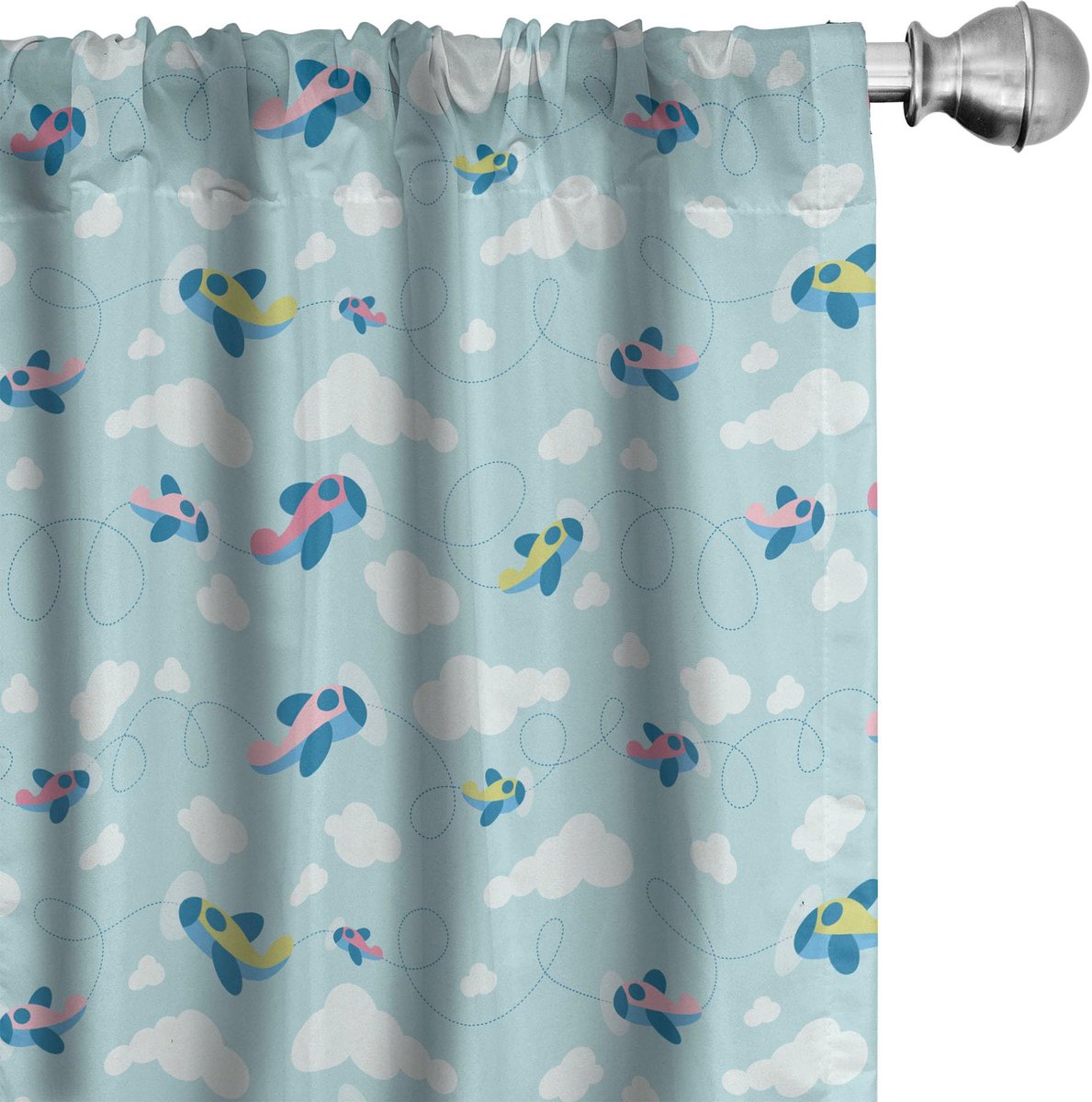 ABAKUHAUS Voorhangen – Vliegtuig Cartoon Wolken – 2x75x225 cm Babyblauw