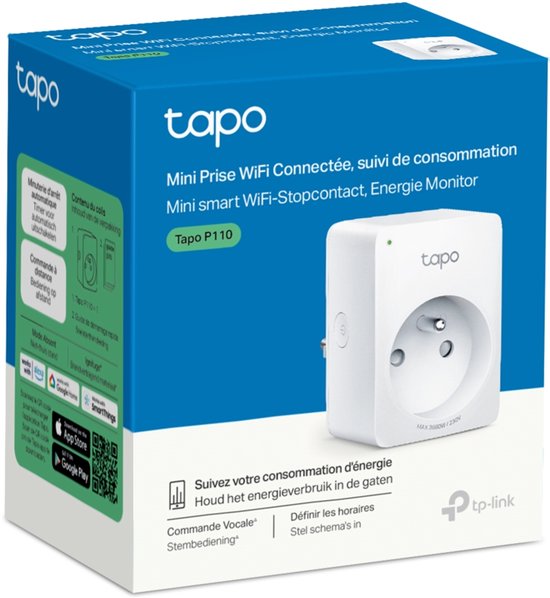 Verpakking van de Tapo P110 slimme stekker, met afbeeldingen van de stekker en functionaliteiten zoals timer en stembediening.