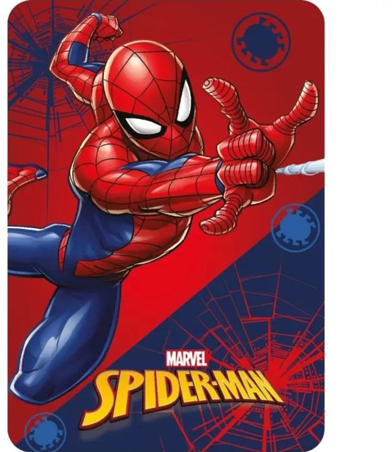 Spiderman in rood en blauw, schietend met spinnenwebben op een rode en blauwe achtergrond met spinnenwebdetails.