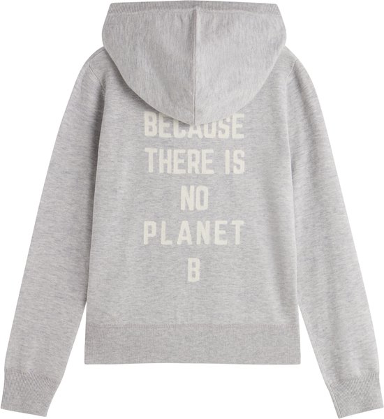 Lichtgrijze hoodie met capuchon en tekst op de rug 'BECAUSE THERE IS NO PLANET B'.