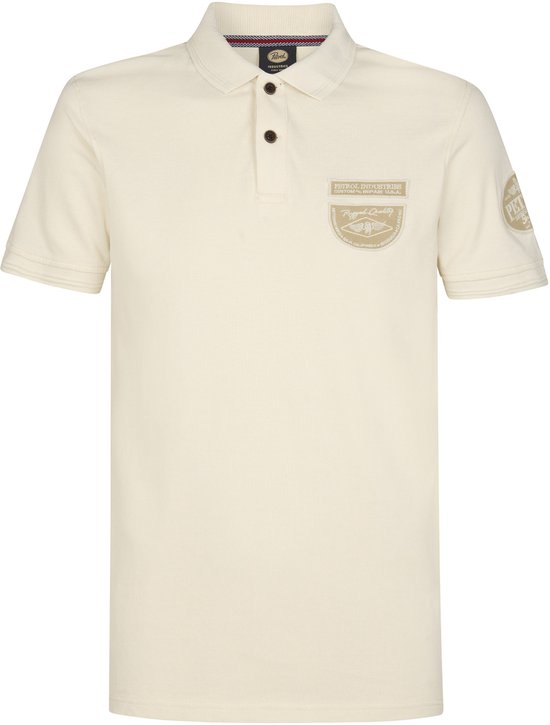 Crèmekleurig heren poloshirt met beige opdruk op de borst en mouw.