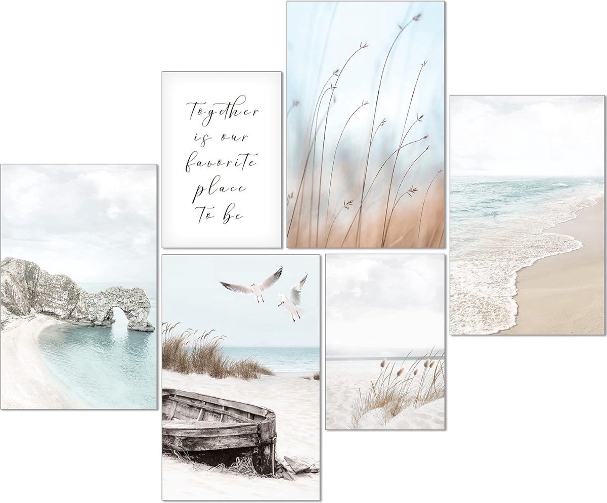 Stunq® Set van Vier Abstracte Zee Strand Prints – Beige Pampasgras Decoratie – A4 & A5 Formaten