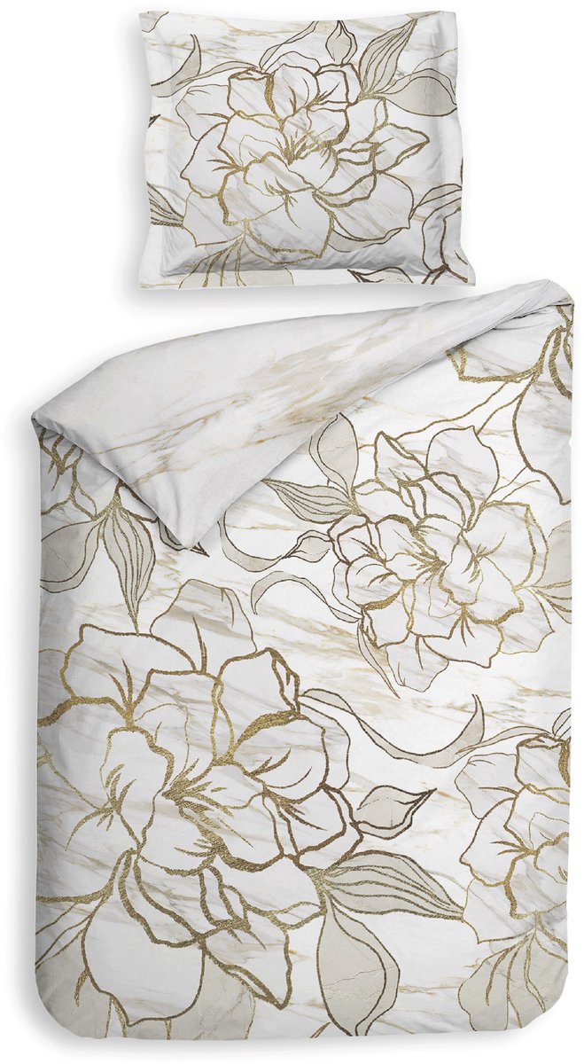 Heckettlane Dekbedovertrek Fabiola - Bedlinnen met Bloemen print - 140x200-220 cm - Off-White - Dekbedovertrek van 100% Katoen-Satijn