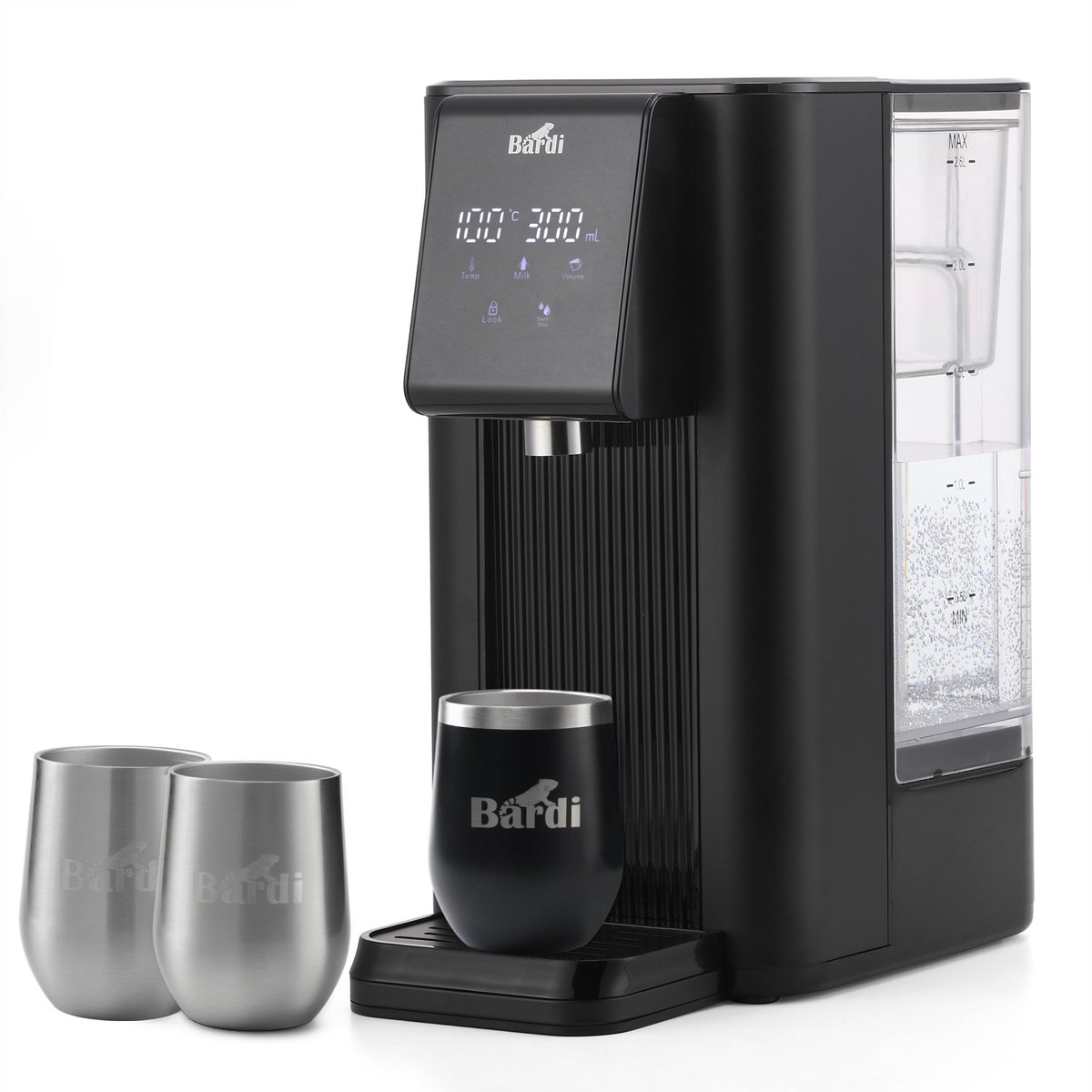 Bardi Heetwaterdispenser 2,6L – 6 Temperatuurstanden 45-100°C – Instant Waterkoker – Touch Display – Inclusief 3 Thermoscups (Zwart + RVS) & Onderzetter – Zwart